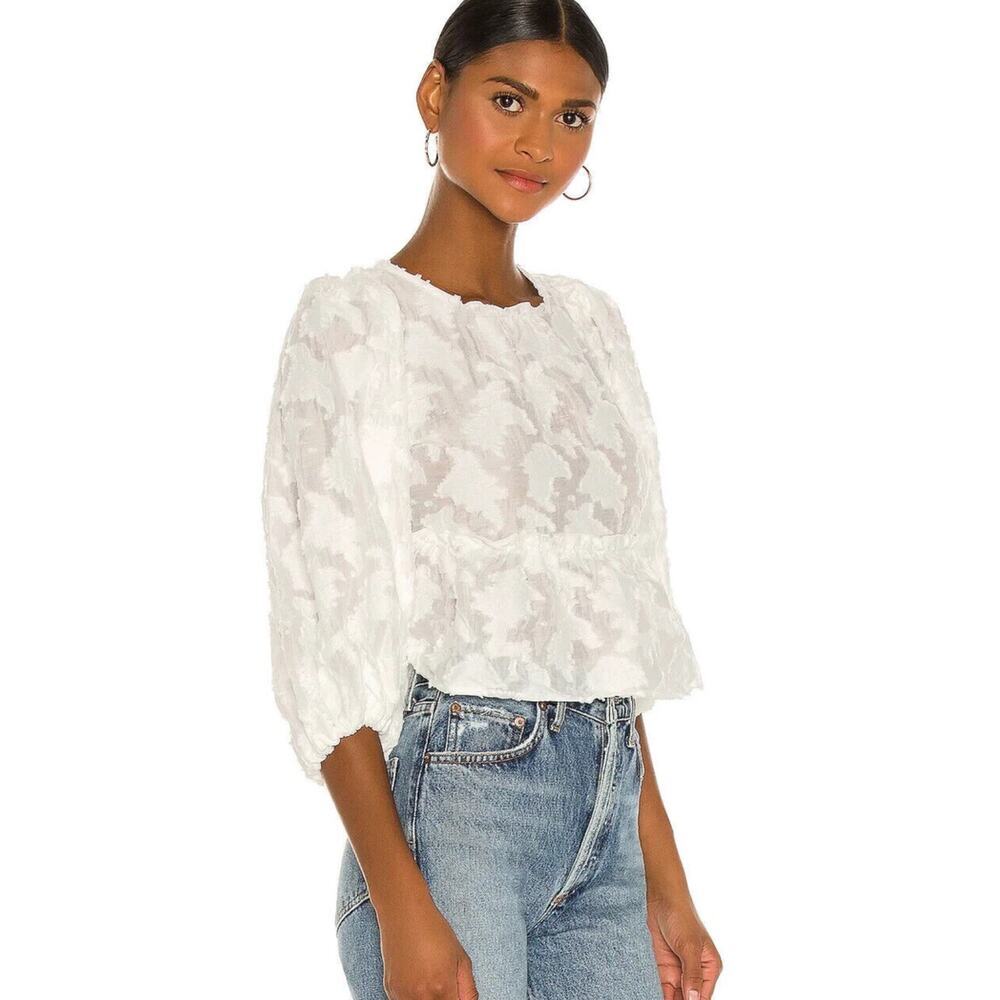 Free People Medium Callie Top White Cropped Cut Out Tie Back Puff Sleeves